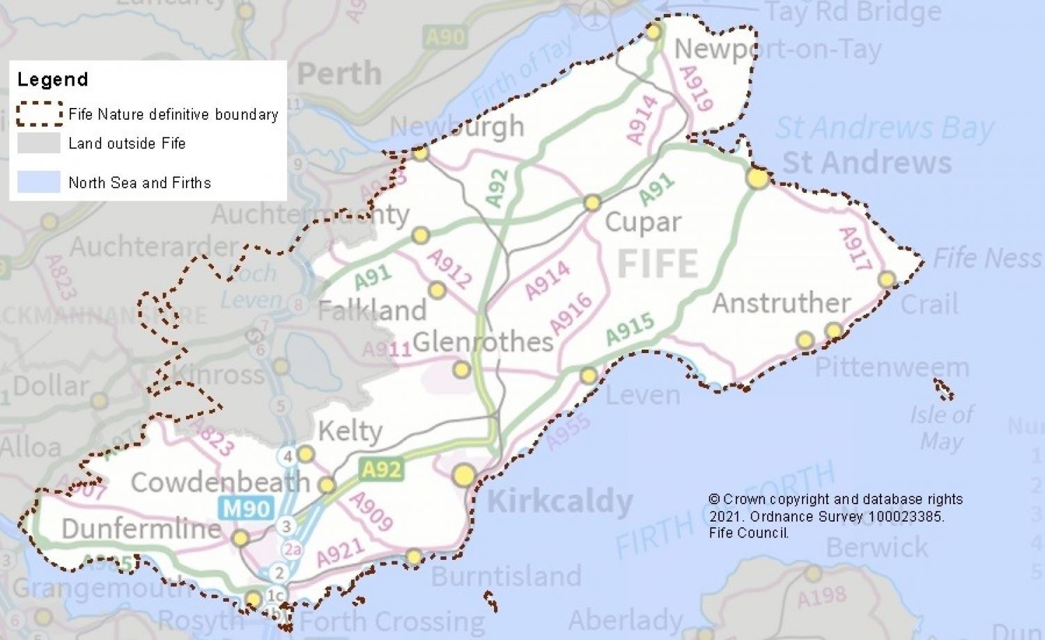 map of the geographical area covered by Fife Nature Records Centre